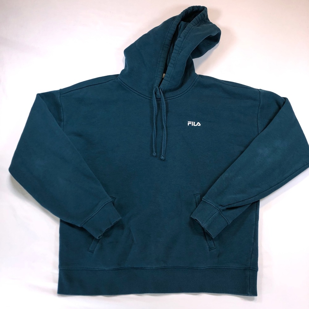 Fila Mens Hoodie Teal Blue Pullover Logo Sweatshirt Size Large